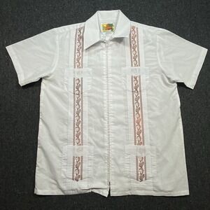 Haband Four Pockets Guayabera White Full-Zip Front Shirt Men's Sz XL Distressed